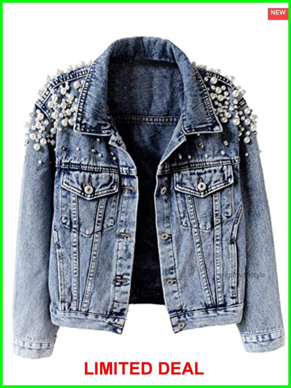 Embroidered Pearl Denim Jacket Button Up Boyfriend Jean Coat
